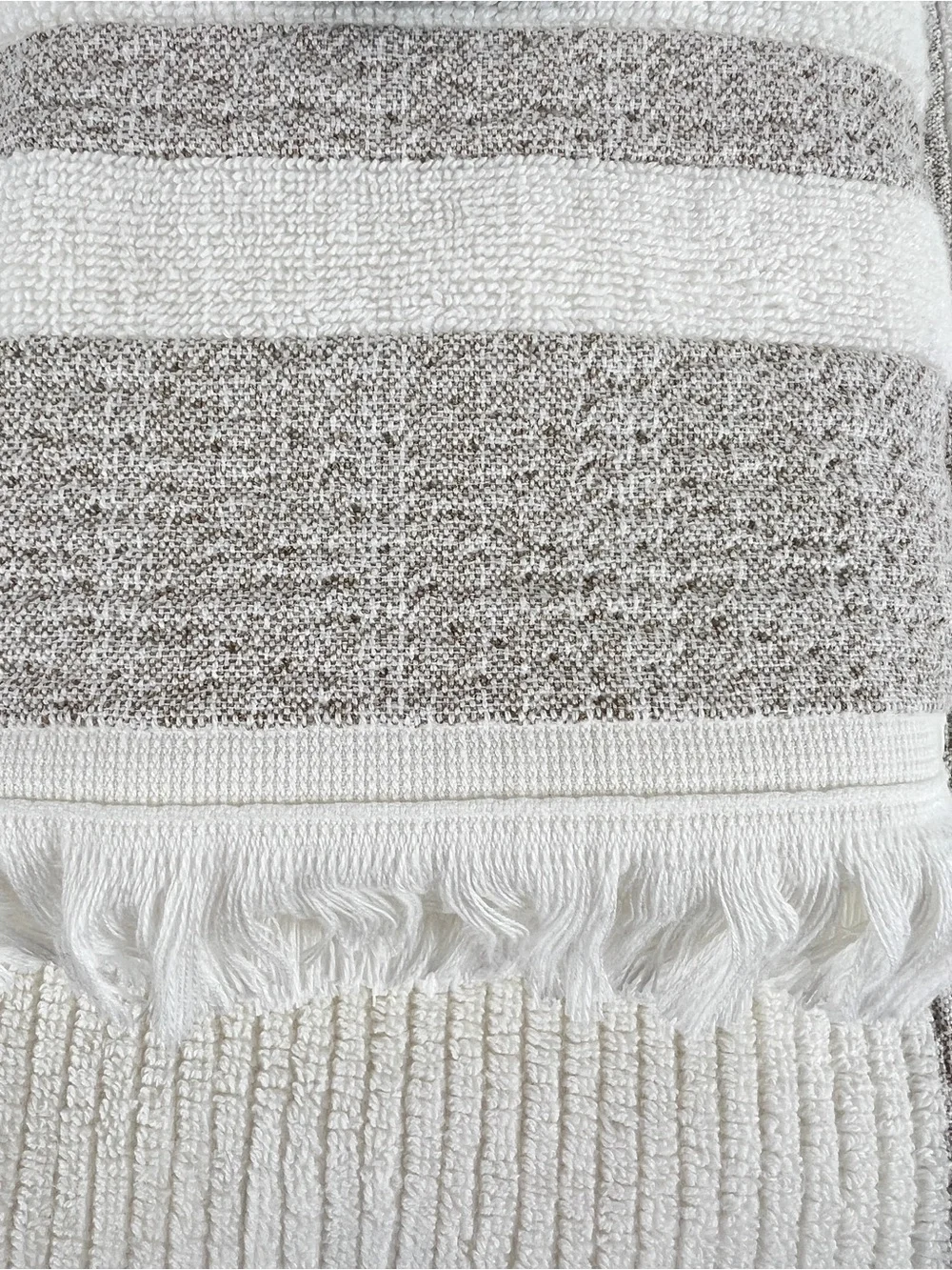 Hotel Balfour BathTowel Set White Tan Stripe Fringe Soft Turkish Cotton 6 Pc NEW